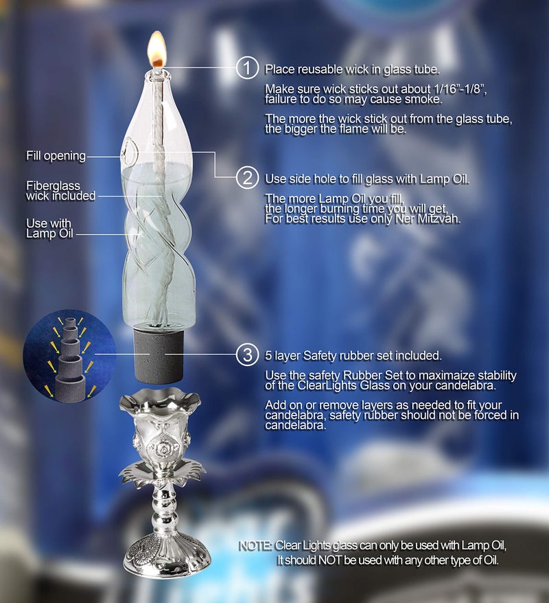 Ner Mitzvah Glass Paraffin Shabbat Candle Holder Cup and Wick, Twisted Candle Shape - 4 inch Tall, Elegant Design, Fits Standard Candlesticks for Paraffin Lamp Oil, No Mess Refill (Pack of 2) - Image 3